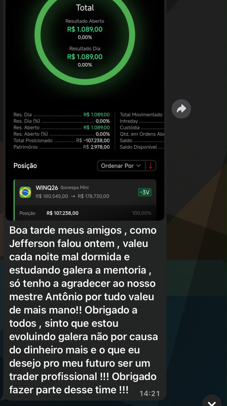 Print de mensagem de aluno sobre evolução e estudo